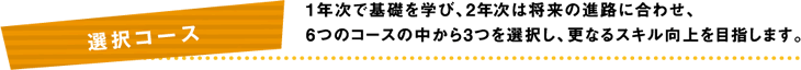 1年次で基礎を学び、2年次は将来の進路に合わせ、6つのコースの中から3つを選択し、更なるスキル向上を目指します。